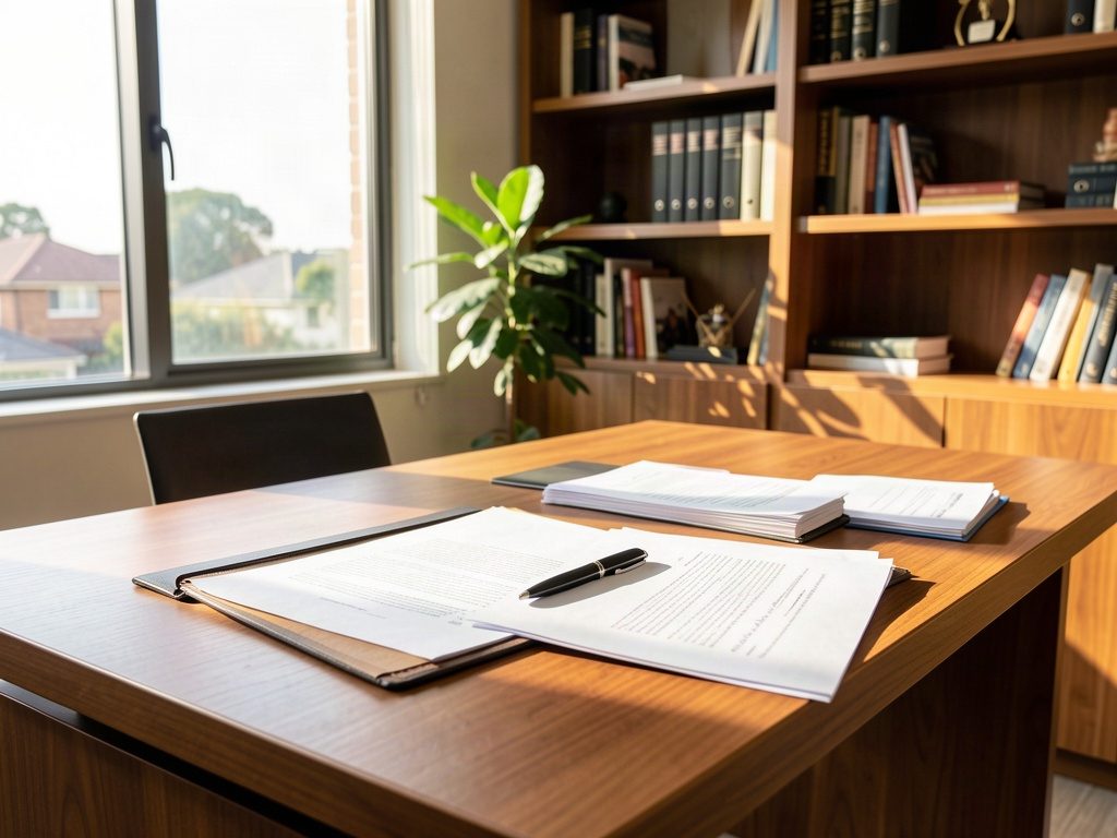Modern law office desk with legal documents